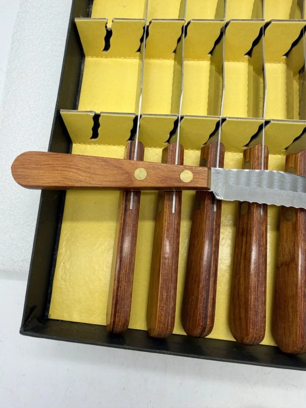 NOS Tel-Tru Stainless Steel Steak Knife Set of Six Wood Handles